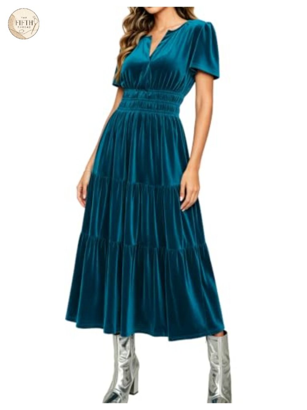 Velvet Maxi Dress V-Neck Short Sleeve Tiered Ruffle A-Line Formal